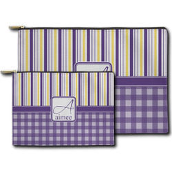 Purple Gingham & Stripe Zipper Pouch (Personalized)