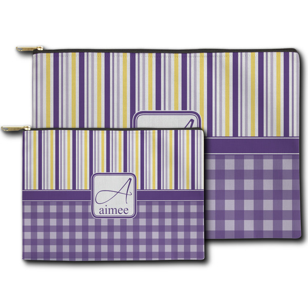 Purple Gingham & Stripe Zippered Pouches - Size Comparison