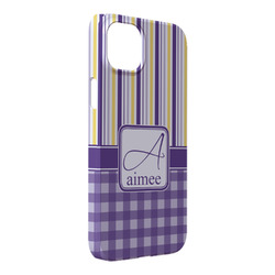 Purple Gingham & Stripe iPhone Case - Plastic - iPhone 14 Plus (Personalized)