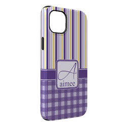 Purple Gingham & Stripe iPhone Case - Rubber Lined - iPhone 14 Plus (Personalized)