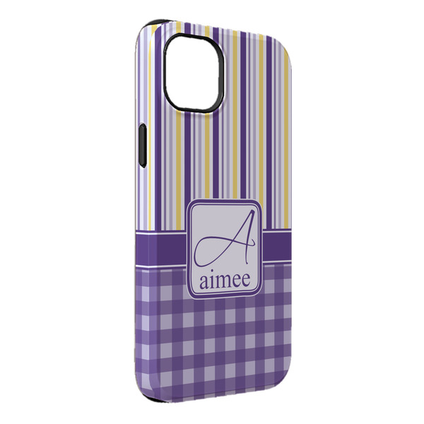 Custom Purple Gingham & Stripe iPhone Case - Rubber Lined - iPhone 14 Plus (Personalized)