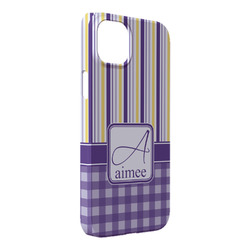 Purple Gingham & Stripe iPhone Case - Plastic - iPhone 14 Pro Max (Personalized)