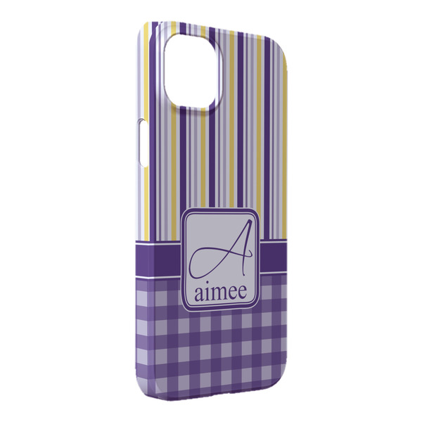 Custom Purple Gingham & Stripe iPhone Case - Plastic - iPhone 14 Pro Max (Personalized)