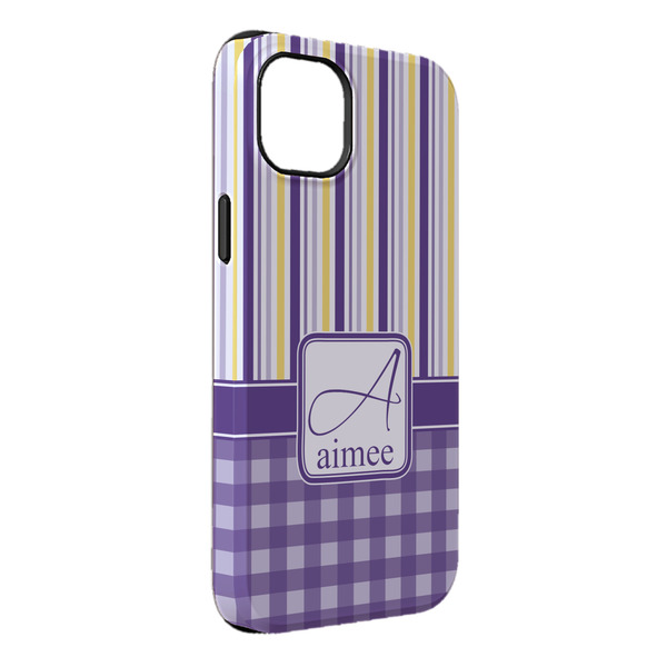 Custom Purple Gingham & Stripe iPhone Case - Rubber Lined - iPhone 14 Pro Max (Personalized)