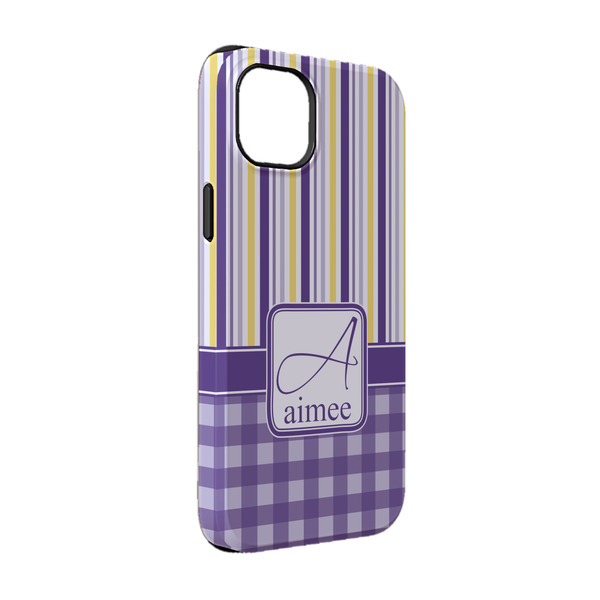 Custom Purple Gingham & Stripe iPhone Case - Rubber Lined - iPhone 14 Pro (Personalized)