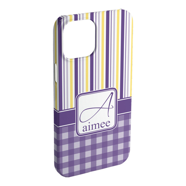 Custom Purple Gingham & Stripe iPhone Case - Plastic - iPhone 15 Plus (Personalized)