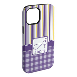 Purple Gingham & Stripe iPhone Case - Rubber Lined - iPhone 15 Plus (Personalized)