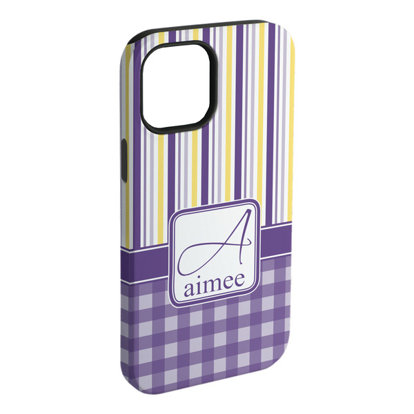 Custom Purple Gingham & Stripe iPhone Case - Rubber Lined - iPhone 15 Pro Max (Personalized)