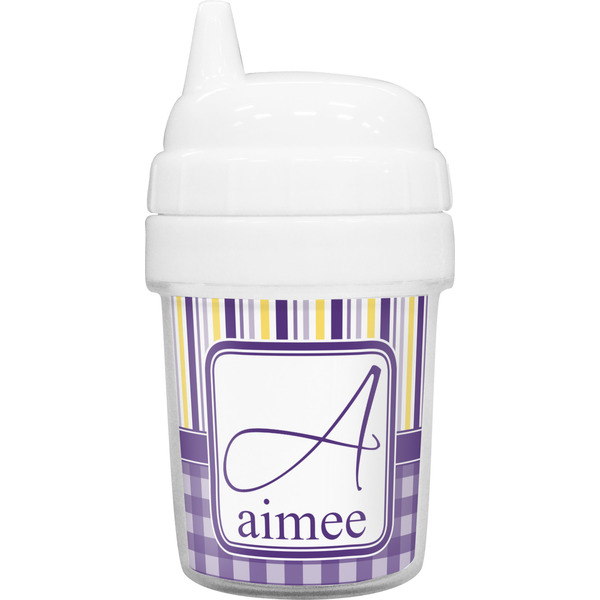 Custom Purple Gingham & Stripe Baby Sippy Cup (Personalized)