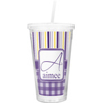 Purple Gingham & Stripe Double Wall Tumbler with Straw (Personalized)