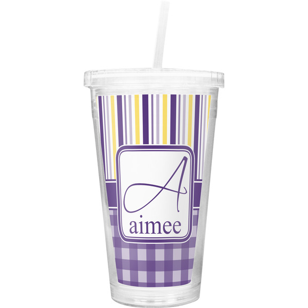 Custom Purple Gingham & Stripe Double Wall Tumbler with Straw (Personalized)