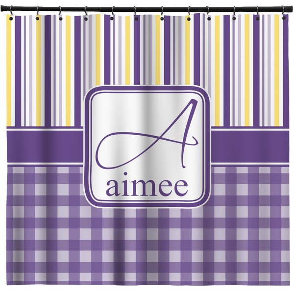 Custom Purple Gingham & Stripe Shower Curtain (Personalized)