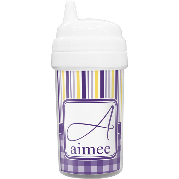 Custom Purple Gingham & Stripe Toddler Sippy Cup (Personalized)