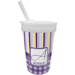 Purple Gingham & Stripe Sippy Cup with Straw (Personalized)