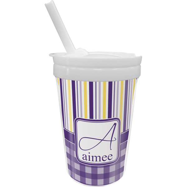 Custom Purple Gingham & Stripe Sippy Cup with Straw (Personalized)