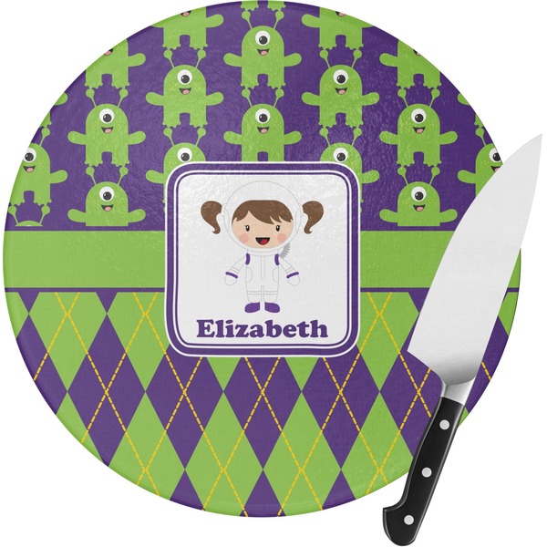 Custom Astronaut, Aliens & Argyle Round Glass Cutting Board - Small (Personalized)