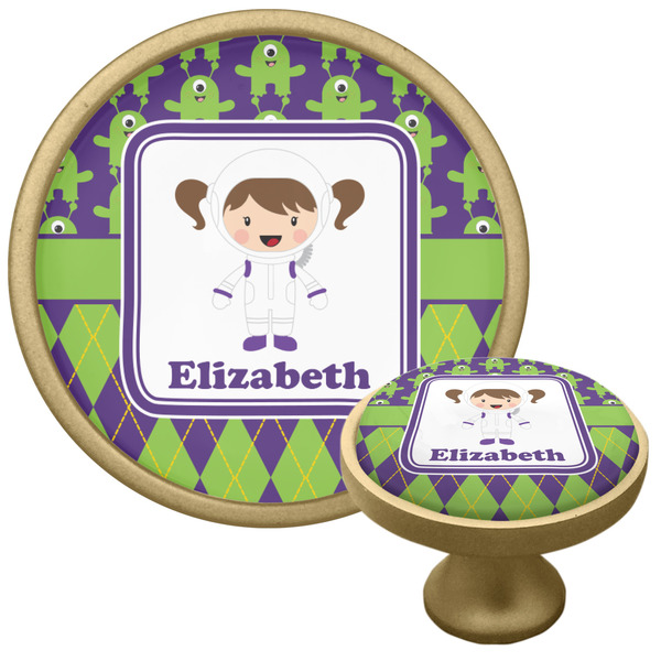 Custom Astronaut, Aliens & Argyle Cabinet Knob - Gold (Personalized)