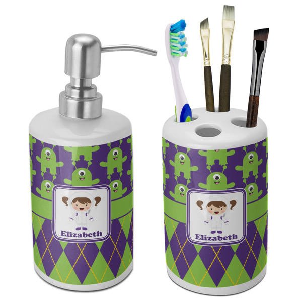 Custom Astronaut, Aliens & Argyle Ceramic Bathroom Accessories Set (Personalized)
