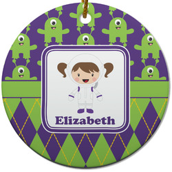 Astronaut, Aliens & Argyle Round Ceramic Ornament w/ Name or Text