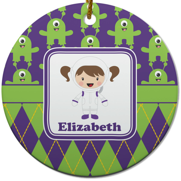 Custom Astronaut, Aliens & Argyle Round Ceramic Ornament w/ Name or Text