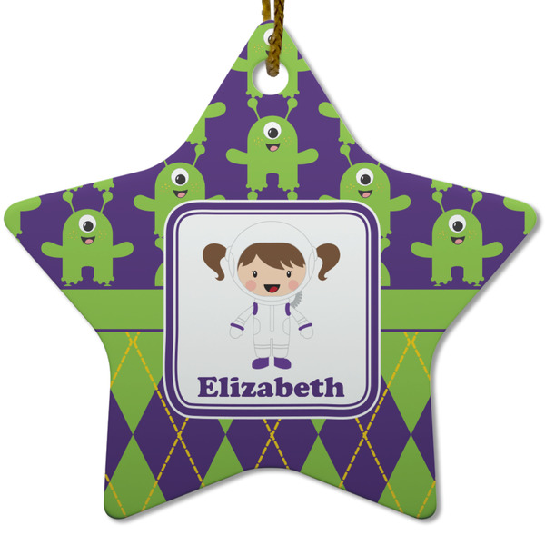 Custom Astronaut, Aliens & Argyle Star Ceramic Ornament w/ Name or Text