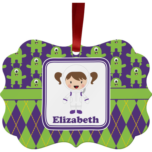 Custom Astronaut, Aliens & Argyle Metal Frame Ornament - Double Sided w/ Name or Text