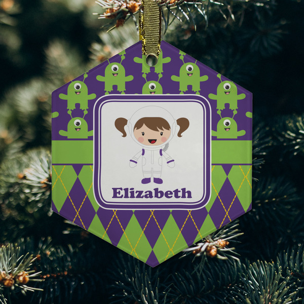 Astronaut, Aliens & Argyle Frosted Glass Ornament - Hexagon (Lifestyle)