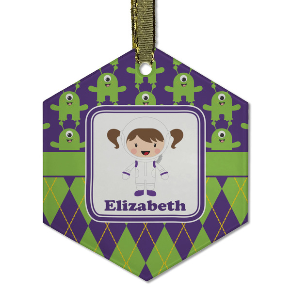 Custom Astronaut, Aliens & Argyle Flat Glass Ornament - Hexagon w/ Name or Text