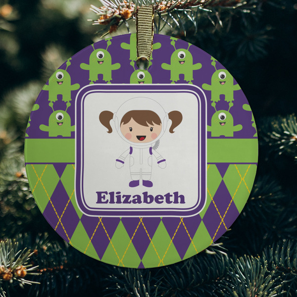 Astronaut, Aliens & Argyle Frosted Glass Ornament - Round (Lifestyle)