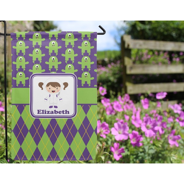 Astronaut, Aliens & Argyle Garden Flag - Outside In Flowers