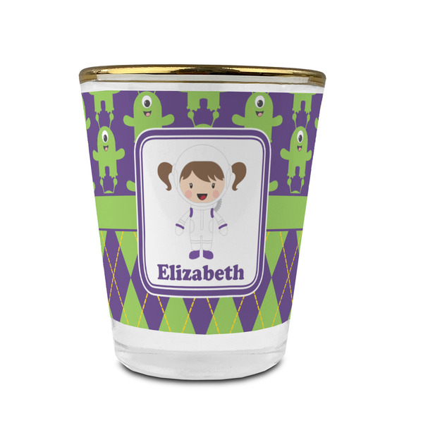 Astronaut, Aliens & Argyle Glass Shot Glass - With gold rim - FRONT