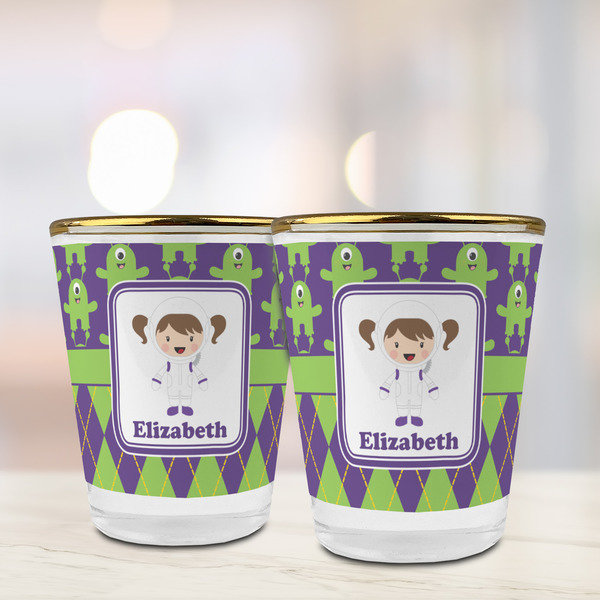 Astronaut, Aliens & Argyle Glass Shot Glass - with gold rim - LIFESTYLE