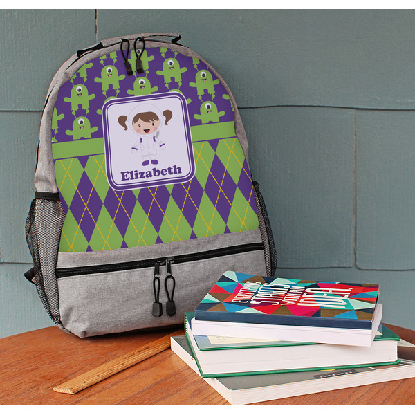 Astronaut, Aliens & Argyle Large Backpack - Gray - On Desk