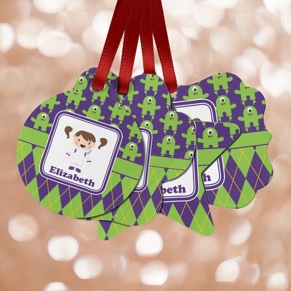 Custom Astronaut, Aliens & Argyle Metal Ornaments - Double Sided w/ Name or Text