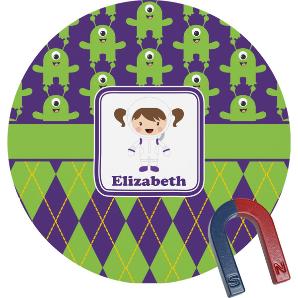 Custom Astronaut, Aliens & Argyle Round Fridge Magnet (Personalized)