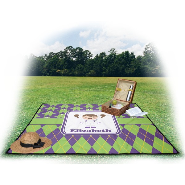 Astronaut, Aliens & Argyle Picnic Blanket - with Basket Hat and Book - in Use