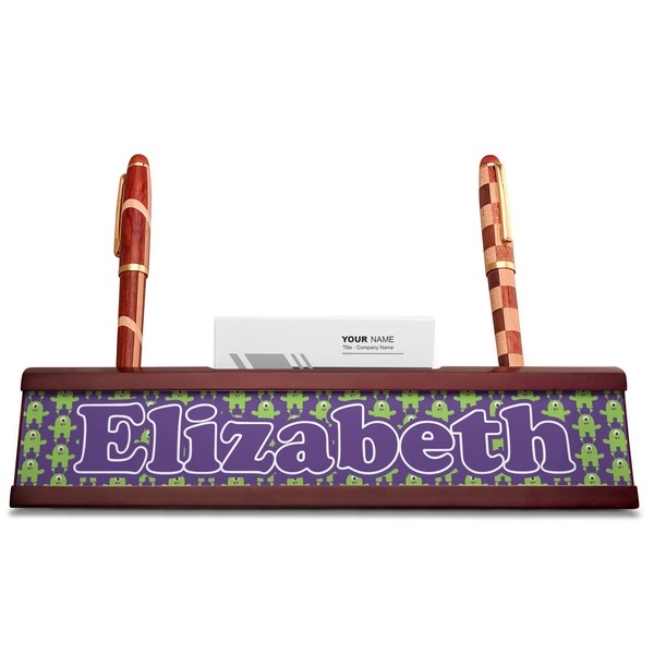 Astronaut, Aliens & Argyle Red Mahogany Nameplates with Business Card Holder - Straight