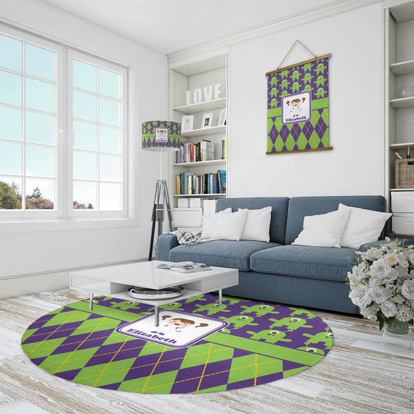 Astronaut, Aliens & Argyle Round Area Rug - IN CONTEXT