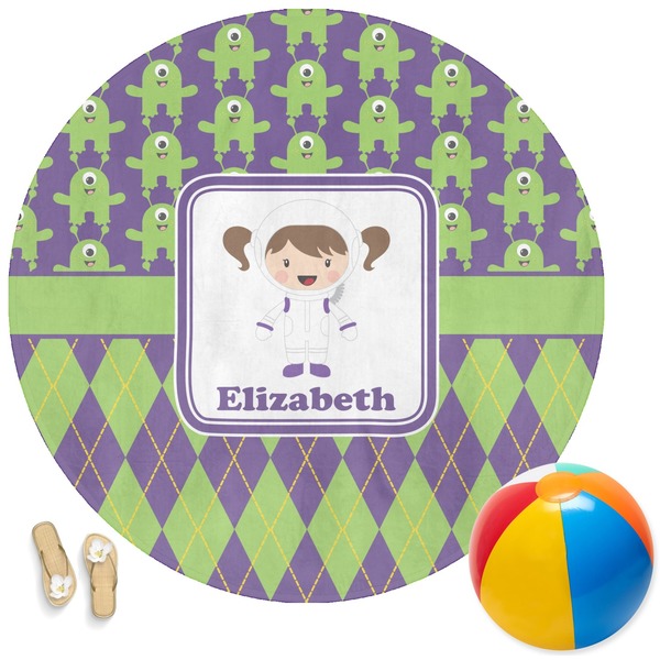 Custom Astronaut, Aliens & Argyle Round Beach Towel (Personalized)