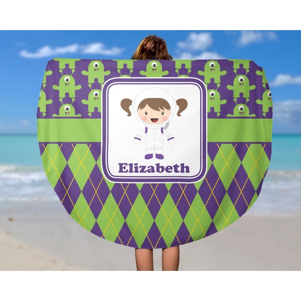 Astronaut, Aliens & Argyle Round Beach Towel - In Use
