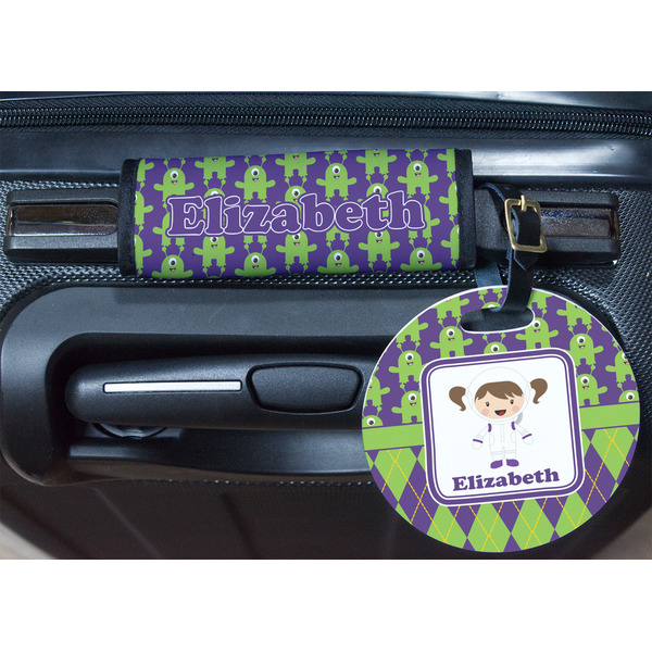 Astronaut, Aliens & Argyle Round Luggage Tag & Handle Wrap - In Context