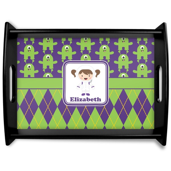 Custom Astronaut, Aliens & Argyle Black Wooden Tray - Large (Personalized)