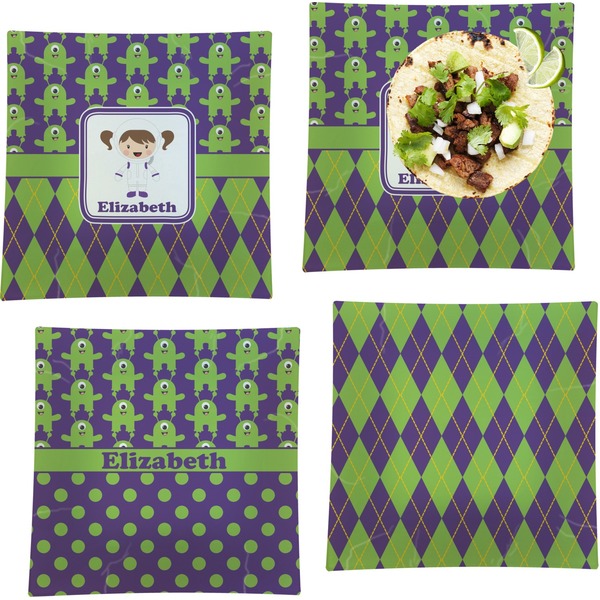 Custom Astronaut, Aliens & Argyle Set of 4 Glass Square Lunch / Dinner Plate 9.5" (Personalized)