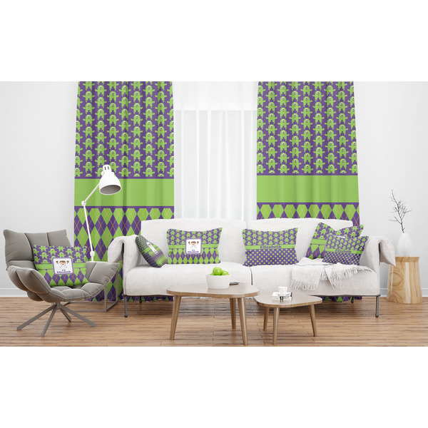 Astronaut, Aliens & Argyle Sheer and Custom Curtains in Room with Matching Pillows