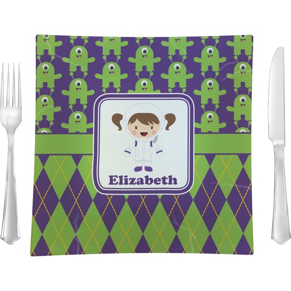 Custom Astronaut, Aliens & Argyle 9.5" Glass Square Lunch / Dinner Plate- Single or Set of 4 (Personalized)