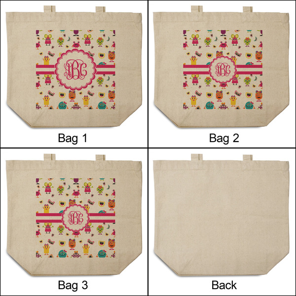 Girly Monsters 3 Reusable Cotton Grocery Bags - Front & Back View