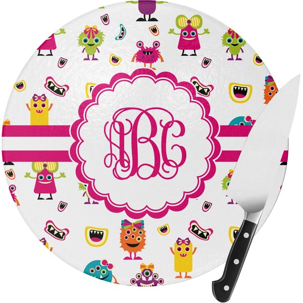 Custom Girly Monsters Round Glass Cutting Board - Small (Personalized)