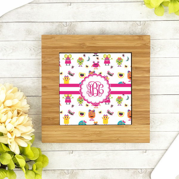Girly Monsters Bamboo Trivet with 6" Tile - LIFESTYLE