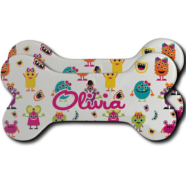 Custom Girly Monsters Ceramic Dog Ornament - Front & Back w/ Monogram