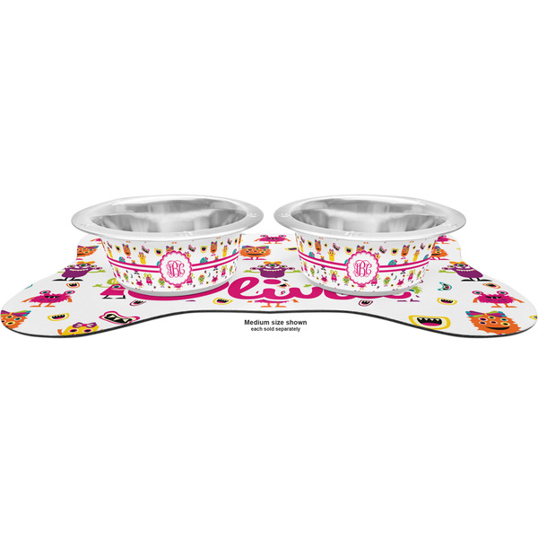 Girly Monsters Metal Pet Bowls - On Dog Bone Shaped Mat
